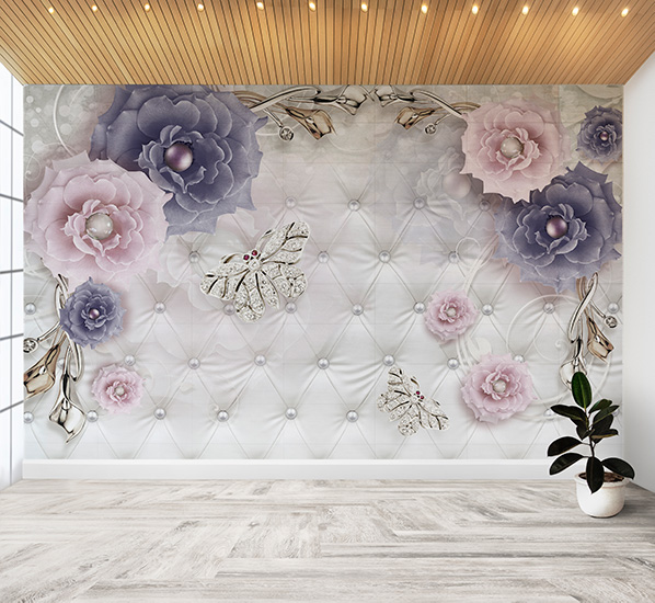 کاغذ دیواری گل و پروانه زمینه مروارید