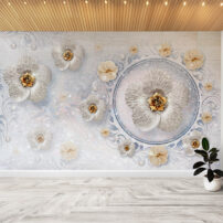 کاغذ دیواری گل سفید طلایی زمینه آبی طرح دار