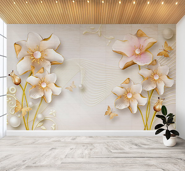 کاغذ دیواری گل و مروارید سفید و طلایی